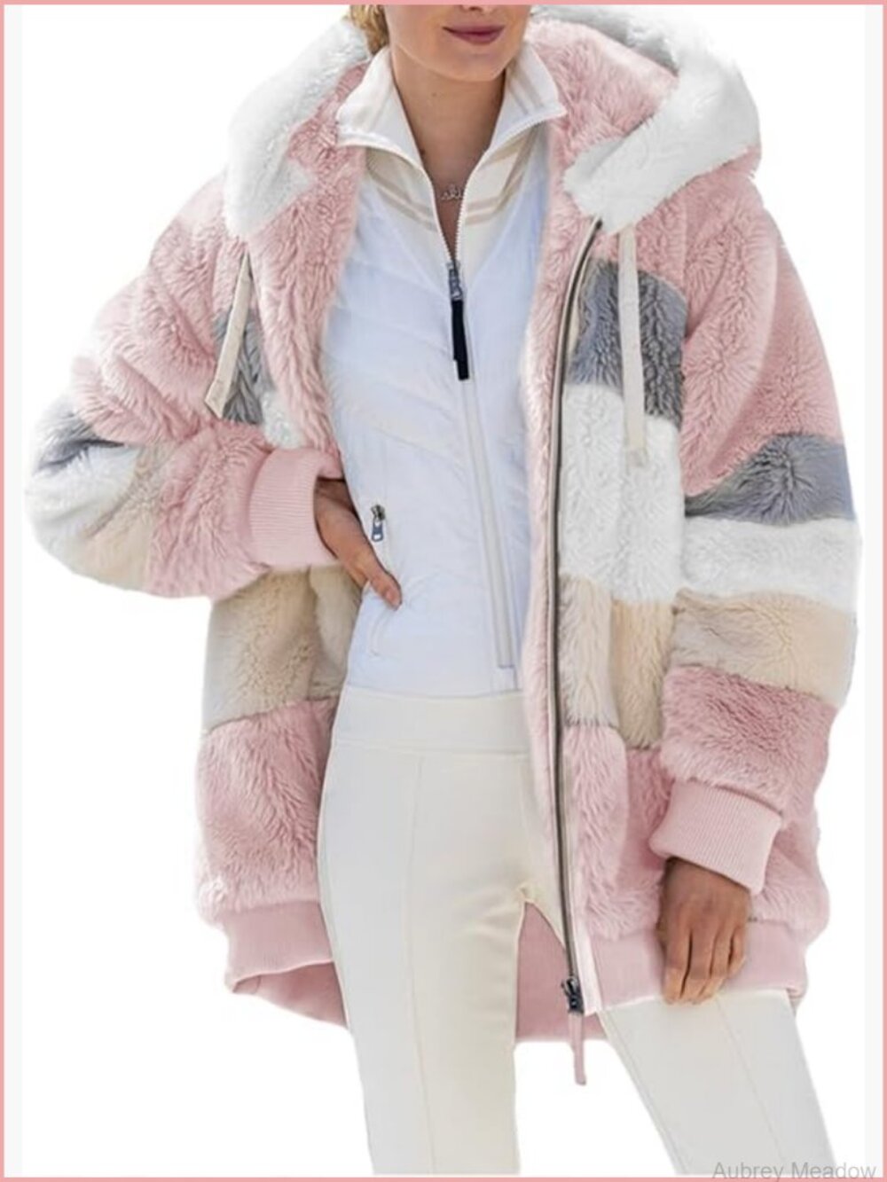 Fuzzy Fleece Hooded Color Block Patchwork Cardigan Coat with Pockets